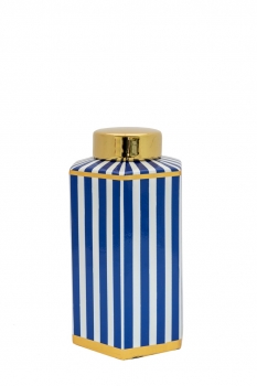 Βάζο Πολυγωνικό Κεραμικό Με Ρίγες Μπλε-Λευκό & Καπάκι Χρυσό 14x13x24εκ. Zen Collection 21.1.47757