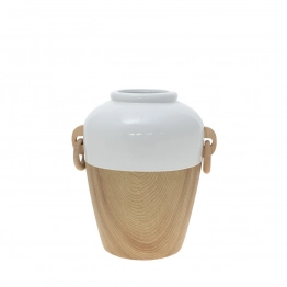 Βάζο Κεραμικό-Ξύλινο Λευκό-Natural 26x21,5x28,5εκ. Zen Collection 23.49341