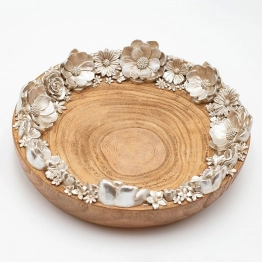 Διακοσμητική Πιατέλα Με Λουλούδια Polyresin-Ξύλινη Natyral-Ασημί 29,3x29,3x7εκ. ESTHETI 819-00549