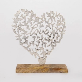 Διακοσμητικό Επιτραπέζιο Καρδιά Με Βάση Ξύλινο-Μεταλλικό Ασημί-Natural 27x5x32εκ. ESTHETI 752-28553