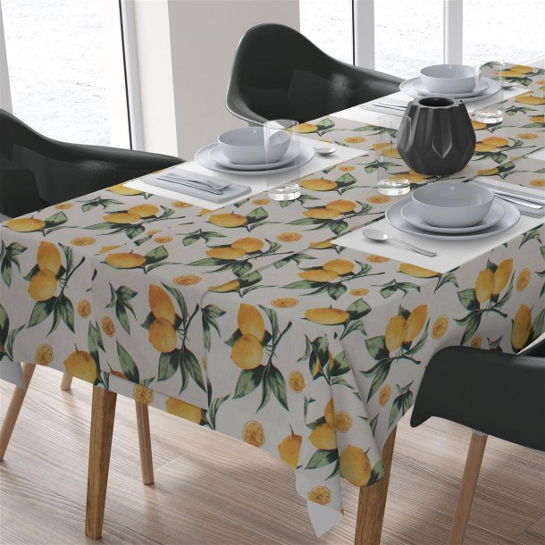 Σετ Τραπεζομάντηλο & Runner Εμπριμέ Polycotton Αλέκιαστο 140x220εκ.-40x220εκ. Lemon 457 White-Yellow DimCol