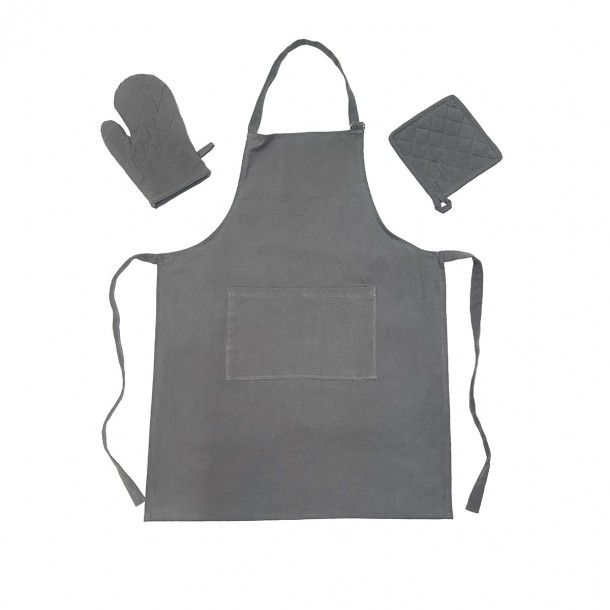 Σετ 3τμχ Ποδιά & Πιάστρα Με Γάντι Βαμβακερά Zoe Dark Grey Melinen 20005239