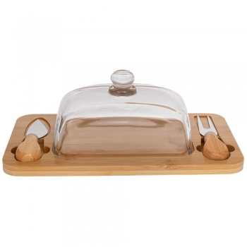 Πλατώ Σερβιρίσματος Τυριών Bamboo Με Γυάλινο Καπάκι Και Εργαλεία Natural-Διάφανο 29x15x11εκ. iliadis 91922