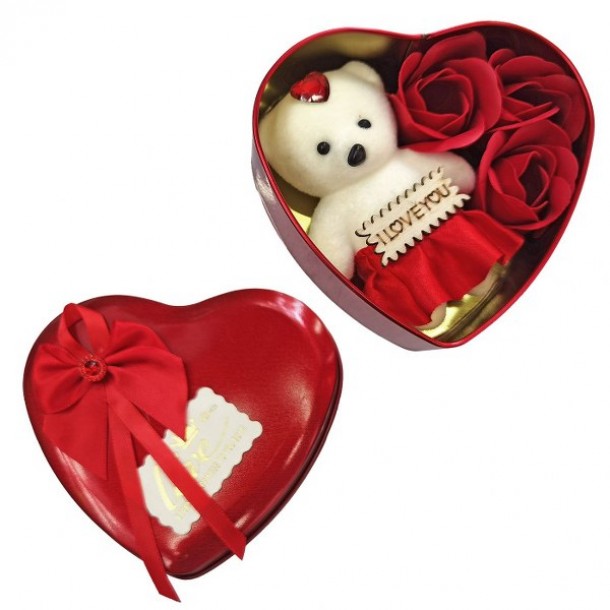 Σετ Μεταλλικό Κουτί Καρδιά Με 3 Τριαντάφυλλα & Αρκουδάκι 12x11x5εκ. Homie 22-3050