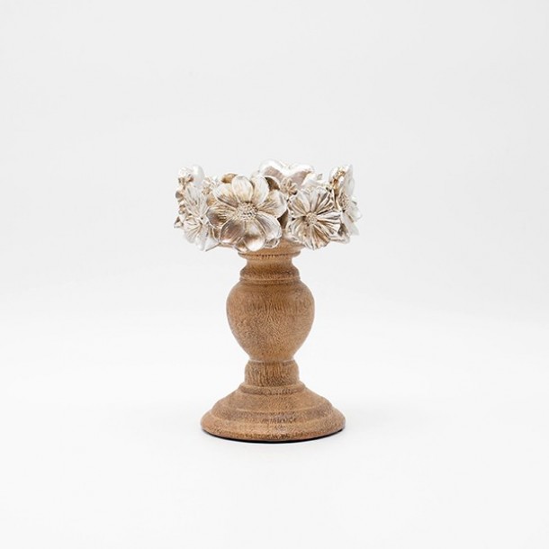 Κηροπήγιο Polyresin-Ξύλινο Με Λουλούδια Ασημί-Natural 12,5x18,5εκ. ESTHETI 819-00551