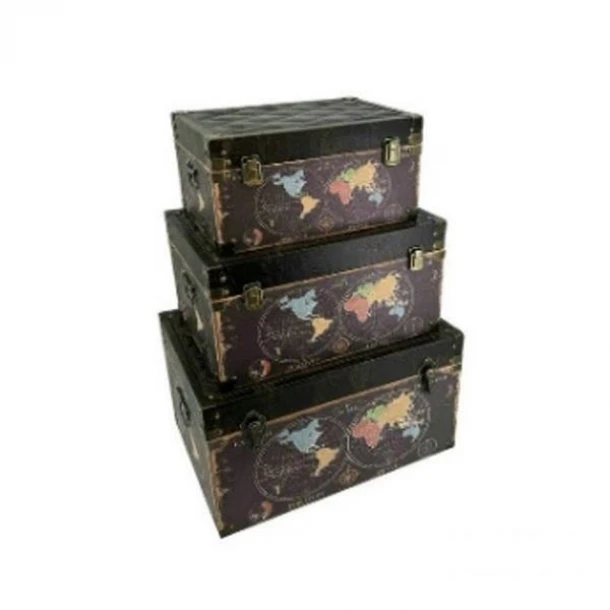 Μπαούλο Σετ 3τμχ Ξύλινο-Pu Μαύρο Με Υδρόγειους 56x34x31εκ.-48x29x25εκ.-40x24x20εκ. ESTHETI 810-00061
