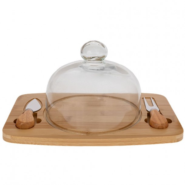 Πλατώ Σερβιρίσματος Τυριών Bamboo Με Γυάλινο Καπάκι Και Εργαλεία Natural-Διάφανο 28,5x18,5x14εκ. iliadis 91921