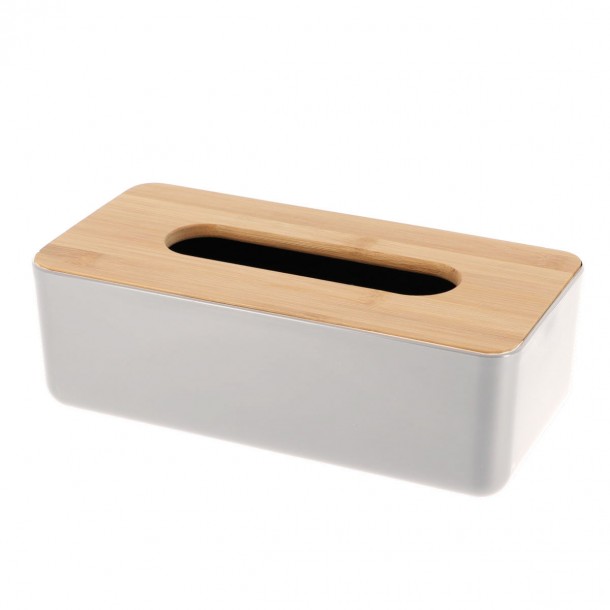 Θήκη Για Χαρτομάντηλα PP Λευκή Με Καπάκι Μπαμπού 12x26x8,5εκ. MRShome DS-4386001