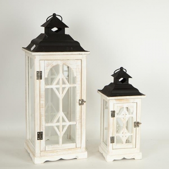 Φανάρι Σετ 2τμχ Ξύλινο-Μεταλλικό Λευκό-Μαύρο 24x24x62εκ.-17x17x40εκ. ESTHETI 752-10021