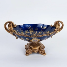 Διακοσμητικό Μπωλ Με Πόδι Πορσελάνης-Polyresin Μπλε-Χρυσό Με Λουλούδια 33x22x19εκ. ESTHETI 752-21021