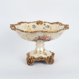 Διακοσμητικό Μπωλ Με Πόδι Πορσελάνης-Polyresin Λευκό-Χρυσό Με Λουλούδια 30x30x20εκ. ESTHETI 752-21058