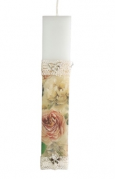 Λαμπάδα Χειροποίητη Πλακέ Λευκή Με Decoupage Τριαντάφυλλα-Πεταλούδες 2,7x1,2x25εκ. 24-763