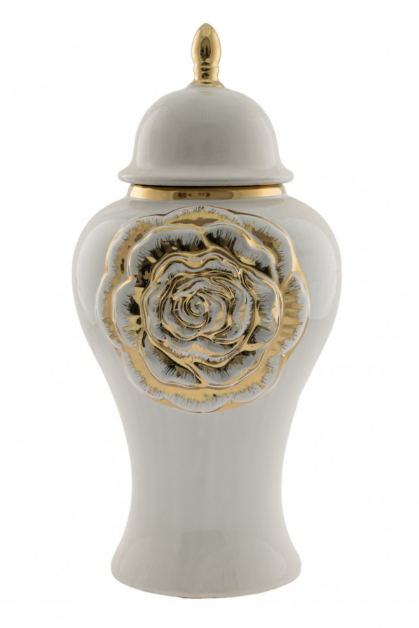 Βάζο Κεραμικό Με Καπάκι Λευκό-Χρυσό 22x45εκ. Zen Collection 24.2.49730
