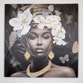 Πίνακας Καμβάς Γυναίκα Με Λουλόυδια Μαύρο-Λευκό-Γκρι 100x3x100εκ. ESTHETI 755-12045