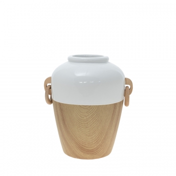 Βάζο Κεραμικό-Ξύλινο Λευκό-Natural 26x21,5x28,5εκ. Zen Collection 23.49341