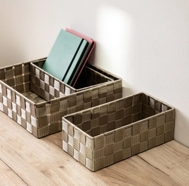 Καλάθι Αποθήκευσης Σετ 3τμχ Polyester-Μεταλλικό Μπεζ Soran 28x28x10εκ./26x13x9εκ. Homla 237741