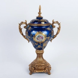 Διακοσμητικό Μπωλ Με Πόδι Και Καπάκι Πορσελάνης-Polyresin Μπλε-Χρυσό Με Λουλούδια 28x19x50εκ. ESTHETI 752-21023