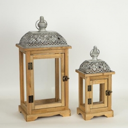 Φανάρι Σετ 2τμχ Ξύλινο-Μεταλλικό Natural-Γκρι 22x22x54,5εκ.-14,5x14,5x37,5εκ. ESTHETI 752-10019