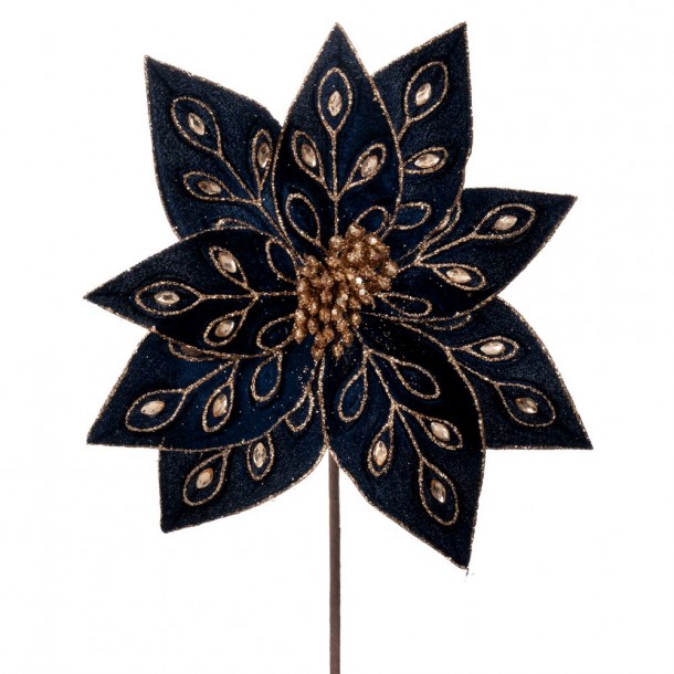 Χριστουγεννιάτικο Κλαδί Αλεξανδρινό Βελούδινο Μπλε-Χρυσό Με Στρας 60εκ. iliadis 90400