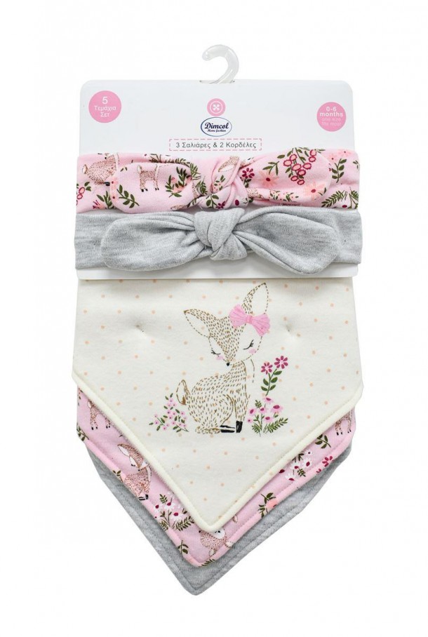 Σετ 5τμχ Σαλιάρες Μπαντάνα Interlock Και Κορδέλες Polycotton  Deer 25 Pink Dimcol 31310702002