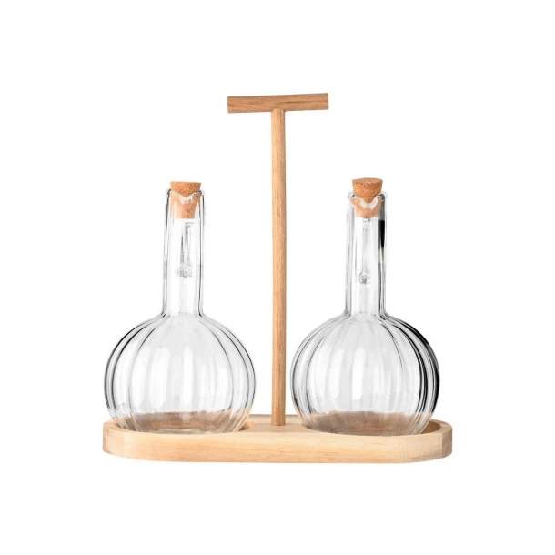 Σετ 2τμχ Δοχεία Για Λάδι-Ξύδι Γυάλινα Με Βάση Ξύλινη 20,5x9,5x21εκ. Allure Estia 01-26264