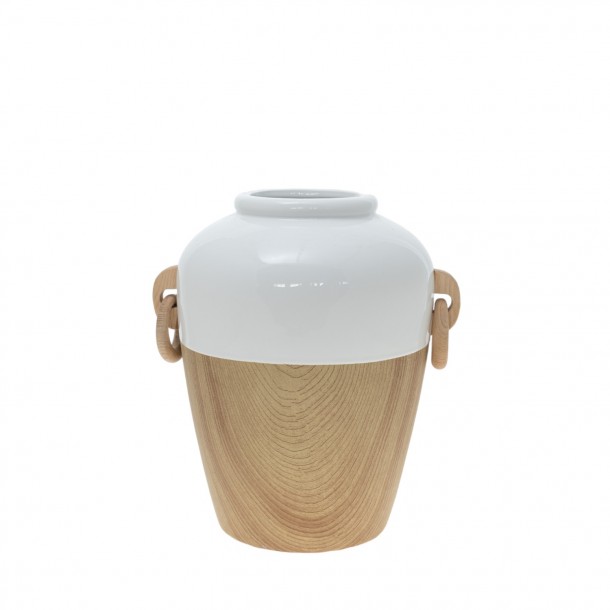 Βάζο Κεραμικό-Ξύλινο Λευκό-Natural 26x21,5x28,5εκ. Zen Collection 23.49341
