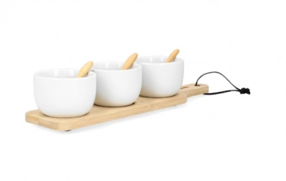 Σετ Μπωλάκι-Ντιπ Σερβιρίσματος Κεραμικά Λευκά Με Κουταλάκια & Βάση Ξύλινη Bamboo 32x8εκ. Fincan Homla 161001