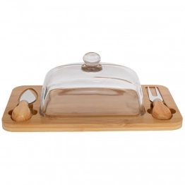 Πλατώ Σερβιρίσματος Τυριών Bamboo Με Γυάλινο Καπάκι Και Εργαλεία Natural-Διάφανο 29x15x11εκ. iliadis 91922