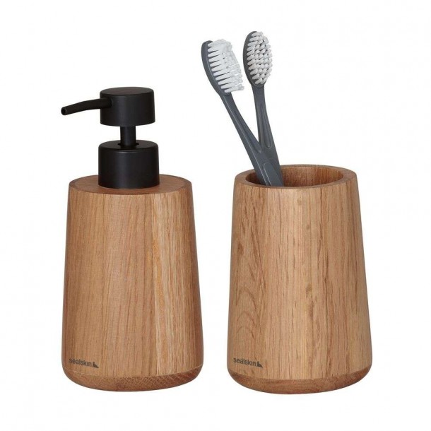 Σετ Ντισπένσερ Με Ποτηροθήκη Ξύλινο 150ml Earth Oak Sealskin 800031