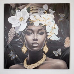 Πίνακας Καμβάς Γυναίκα Με Λουλόυδια Μαύρο-Λευκό-Γκρι 100x3x100εκ. ESTHETI 755-12045