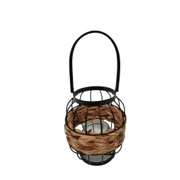 Φανάρι Μεταλλικό-Ψάθινο Μαύρο-Μπεζ Με Λαβή ESPIEL Δ17x20εκ. LUG102