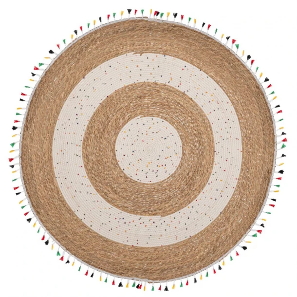 Χαλί Jute-Βαμβακερό Boho Στρογγυλό 150εκ. Καφέ-Natural Με Πολύχρωμα Κρόσσια iliadis 90164