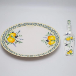 Σετ 2τμχ Πιατέλα Με Σπάτουλα Σερβιρίσματος Πορσελάνης Λευκή-Multi Με Λεμόνια 26εκ. ESTHETI 820-00018