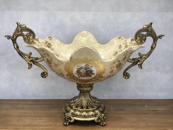 Διακοσμητικό Μπωλ Με Πόδι Πορσελάνης-Polyresin Μπεζ-Χρυσό Με Λουλούδια 52x26x34εκ. ESTHETI 819-00087