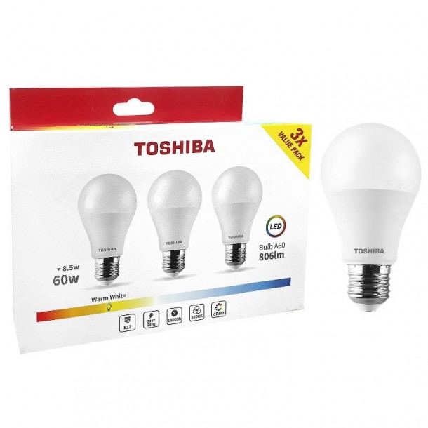 Λάμπα Led Σετ 3τμχ A60 8,5W E27 Θερμό Φως Toshiba 88-454