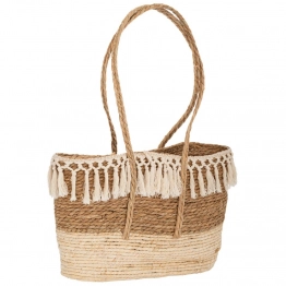 Τσάντα Θαλάσσης Ψάθινη Πλεχτή Με Κρόσσια Boho 49x15x32/70εκ. Natural-Μπεζ iliadis 90093