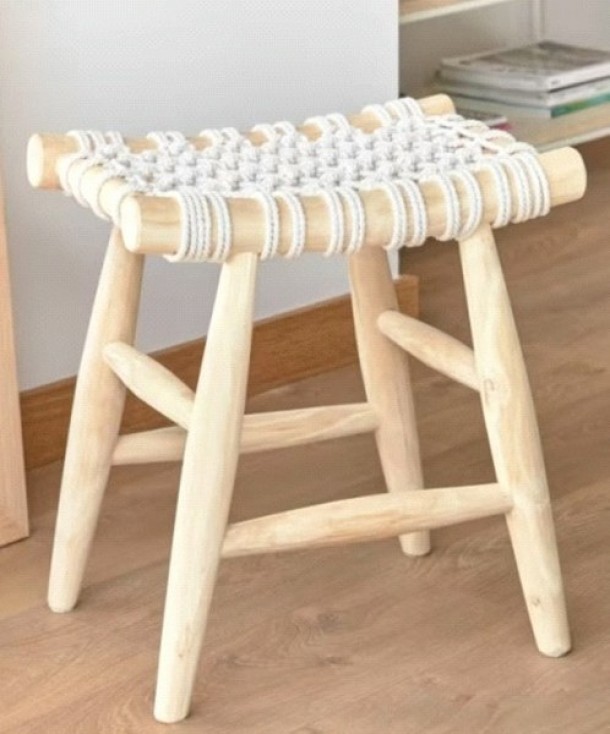 Σκαμπό Ξύλινο Macrame 45x32x45εκ. Natural Komvos Home