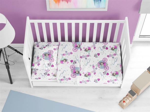 Σετ Σεντόνια 3τμχ Μπεμπέ Polycotton Κούνιας 120x160εκ. Princess 389 White-Lilac DimCol
