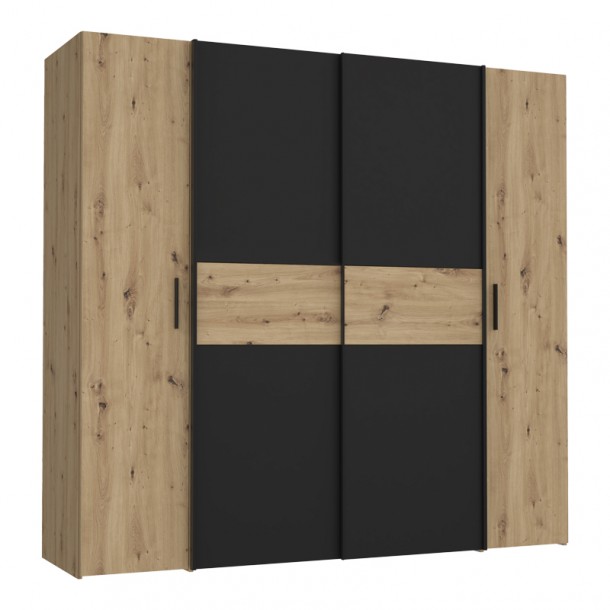 Ντουλάπα ρούχων Bekerk pakoworld τετράφυλλη μαύρο-oak μελαμίνης 200x61.5x190.5εκ