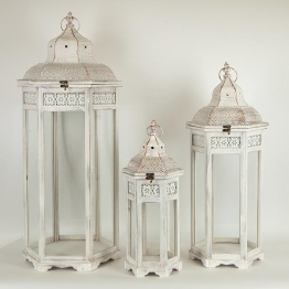 Φανάρι Σετ 3τμχ Ξύλινο-Μεταλλικό Λευκό 37,5x32x91εκ.-29,5x25,5x72εκ.-21,5x18,5x53εκ. ESTHETI 752-10014