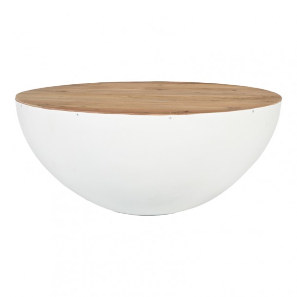 Τραπέζι σαλονιού Coffelty Inart λευκό μέταλλο-μασίφ ξύλο ακακίας Φ90x40εκ