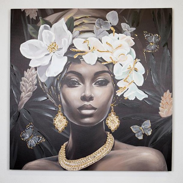 Πίνακας Καμβάς Γυναίκα Με Λουλόυδια Μαύρο-Λευκό-Γκρι 100x3x100εκ. ESTHETI 755-12045