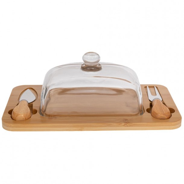 Πλατώ Σερβιρίσματος Τυριών Bamboo Με Γυάλινο Καπάκι Και Εργαλεία Natural-Διάφανο 29x15x11εκ. iliadis 91922