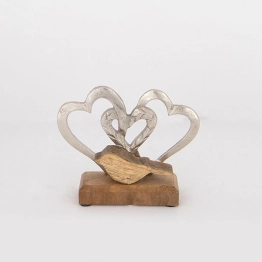 Διακοσμητικό Επιτραπέζιο Καρδιές Με Πουλί Ξύλινο-Μεταλλικό Ασημί-Natural 18x5x14εκ. ESTHETI 752-28563