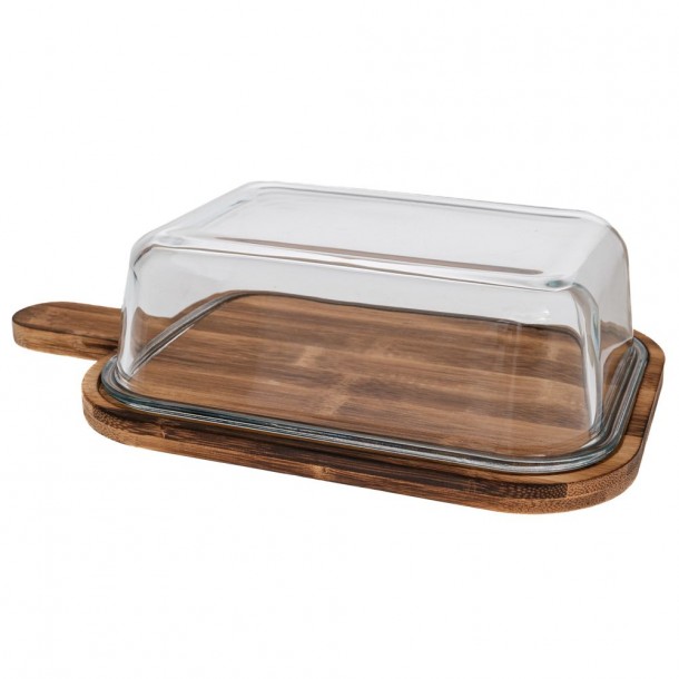 Πλατώ Σερβιρίσματος Ξύλινο Με Γυάλινο Καπάκι Natural-Διάφανο 30,5x18x8εκ. iliadis 91914
