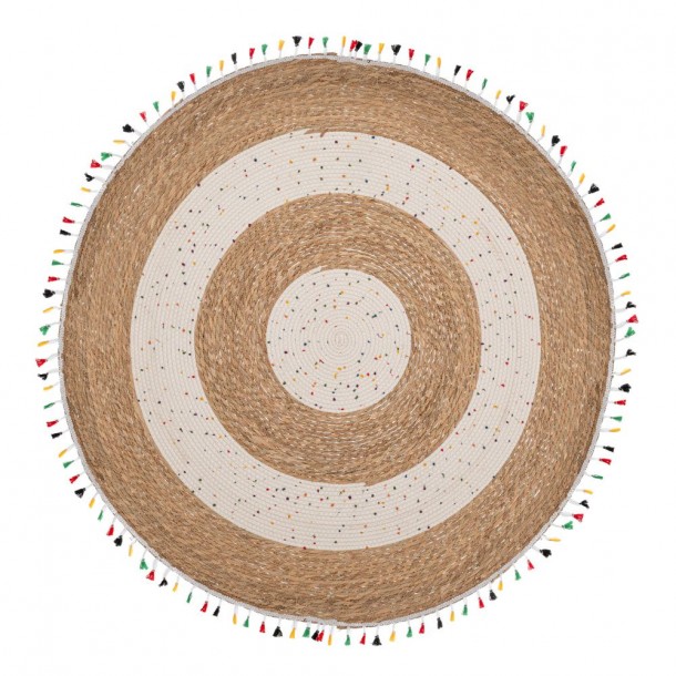 Χαλί Jute-Βαμβακερό Boho Στρογγυλό 120εκ. Καφέ-Natural Με Πολύχρωμα Κρόσσια iliadis 90165