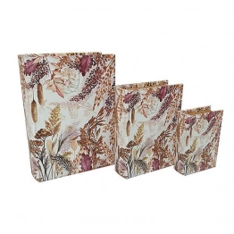 Διακοσμητικό Κουτί Βιβλίο Σετ 3τμχ Ξύλινο-Pu Καφέ Με Λουλούδια 30x22x7,5εκ./23x17x6εκ./16x11x4,5εκ. ESTHETI 752-17043