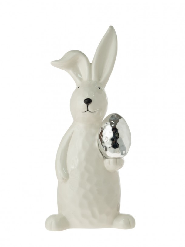 Πασχαλινός Διακοσμητικός Λαγός Με Αυγό Κεραμικός Λευκός-Ασημί 9,8x9,8x22,3εκ. Zen Collection 25.7.51191