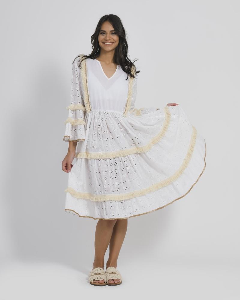 Καφτάνι-Φόρεμα Βαμβακερό Λευκό-Μπεζ ble One Size 5-41-089-0085 (Ύφασμα: Βαμβάκι 100%, Χρώμα: Λευκό) - ble - 5-41-089-0085 161239