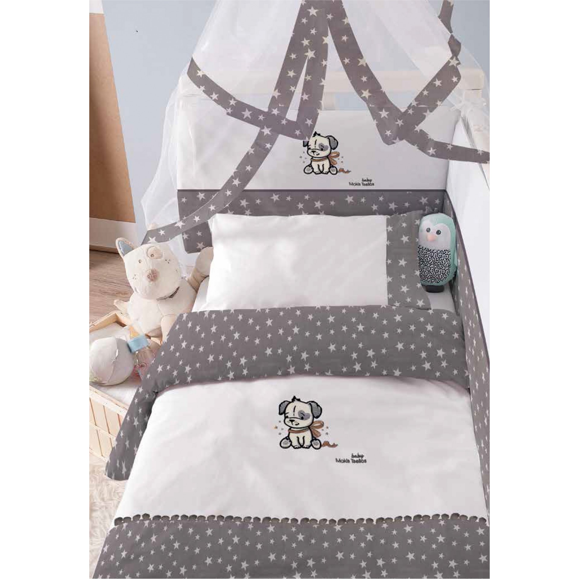 Σετ Κούνιας 6τμχ Baby Βαμβακερά Puppy Makis Tselios (Ύφασμα: Βαμβάκι 100%, Χρώμα: Γκρι) – Makis Tselios – 116460123456